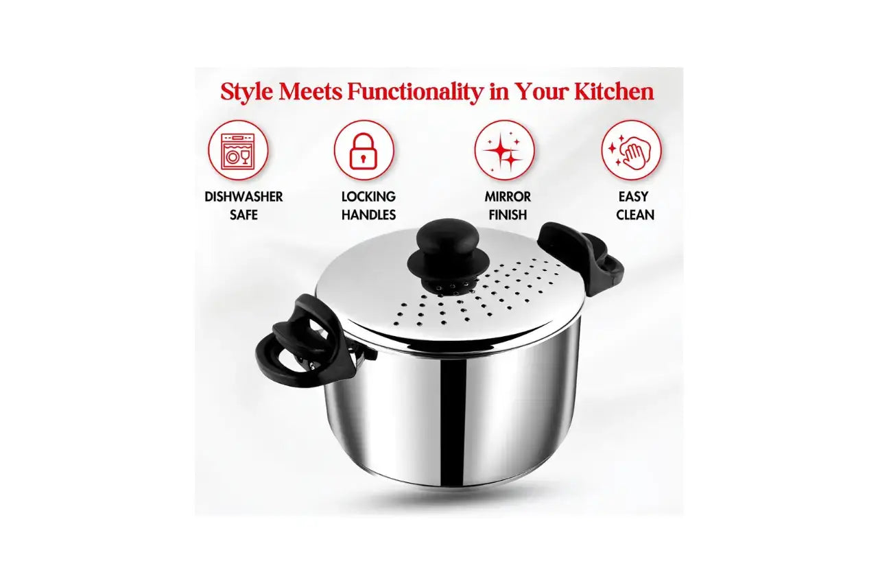 Diamond brand multi-purpose strainer pot with secure locking handle mechanism