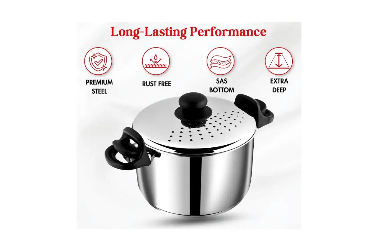 Premium mirror finish steel pot with perforated lid for pasta and rice cooking