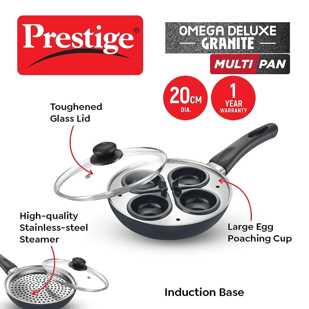 prestige omega deluxe granite multi-pan cookware 20cm with egg poacher, steamer and glass lid