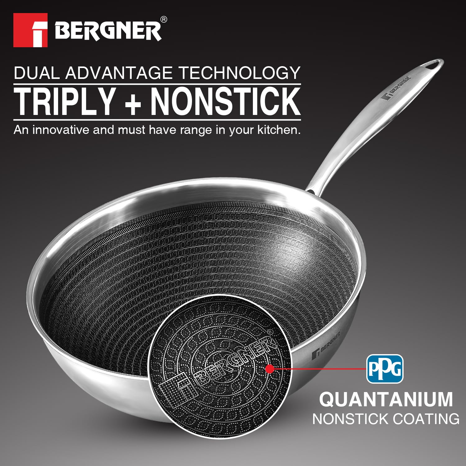 Bergner Hitech Prism Triply Stainless Steel Non Stick Frypan