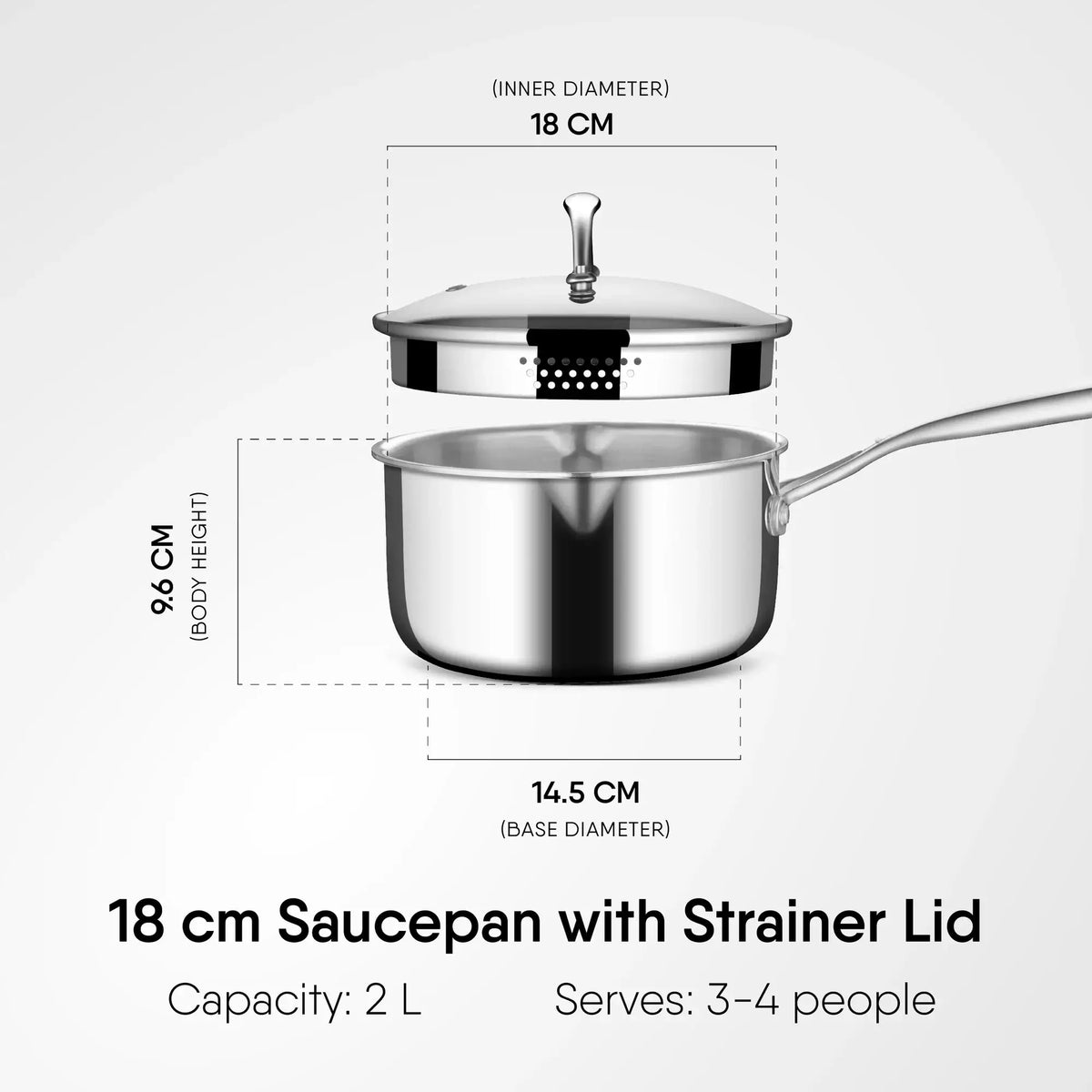 Stahl Artisan Triply Saucepan with Strainer Glass Lid, 18 cm, 2L capacity, serving 3-4 people, showcasing dimensions.