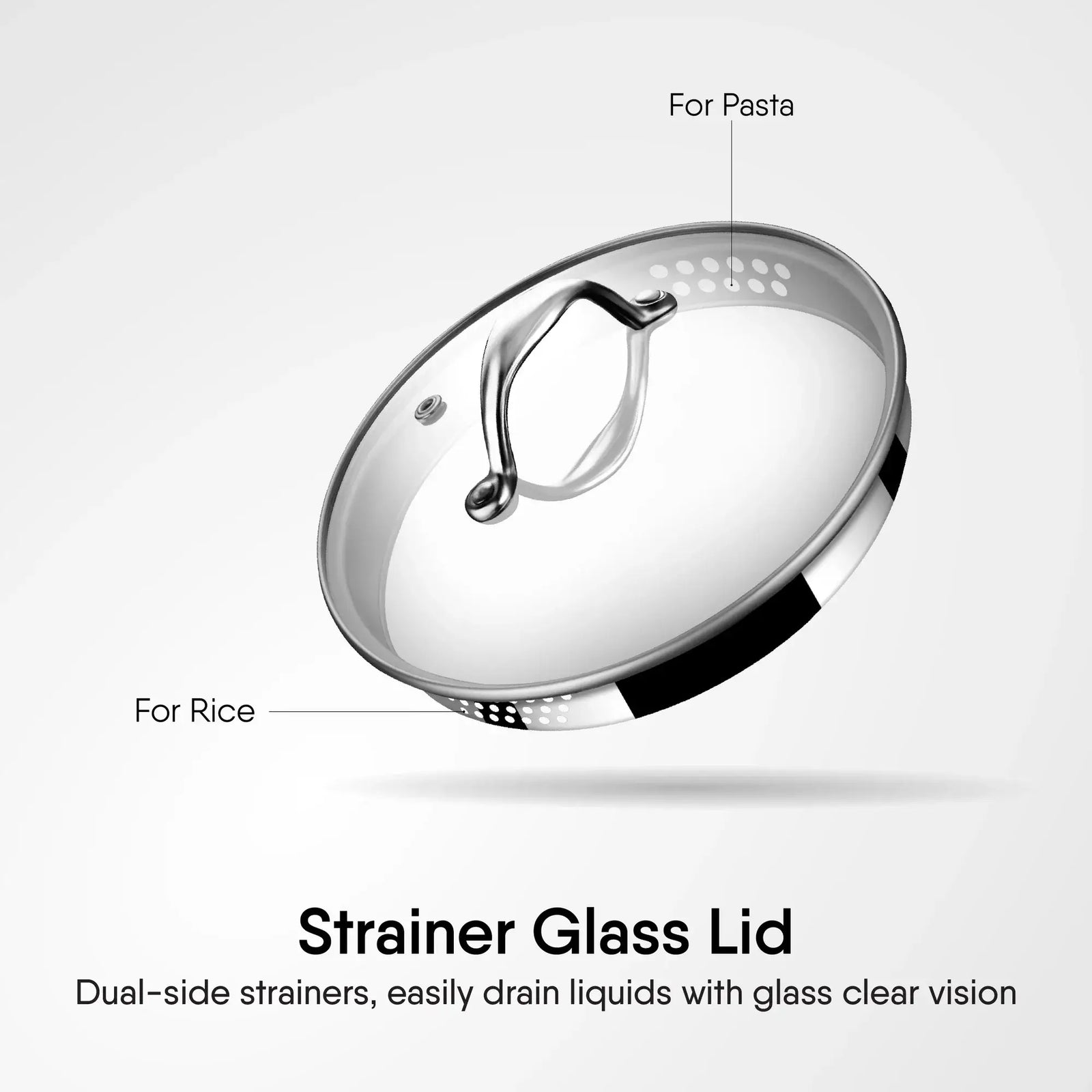 Stahl Artisan Triply Saucepan with Strainer Glass Lid features dual-side strainers for easy draining of pasta and rice.