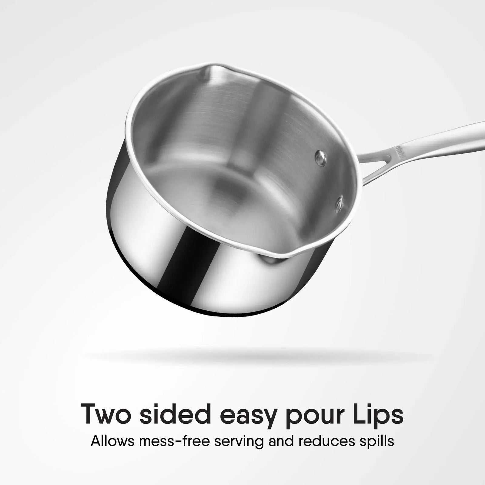 Stahl Artisan Triply Saucepan showcasing two-sided easy pour lips for mess-free serving and reduced spills.