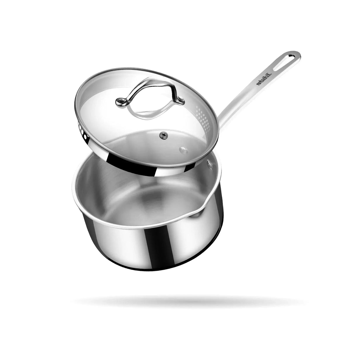 Stahl Artisan Triply Saucepan with Strainer Glass Lid showcasing premium triply construction and dual-size strainers.