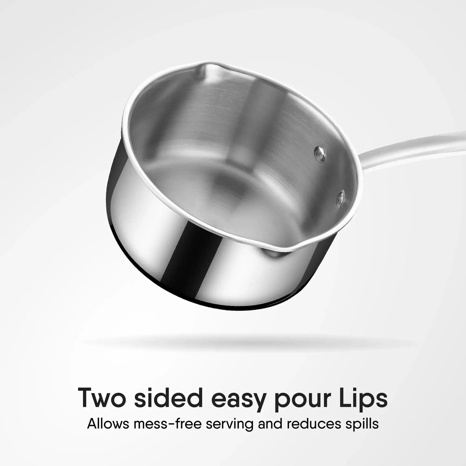 Stahl Artisan Triply Saucepan with Strainer Glass Lid featuring two-sided easy pour lips for mess-free serving.
