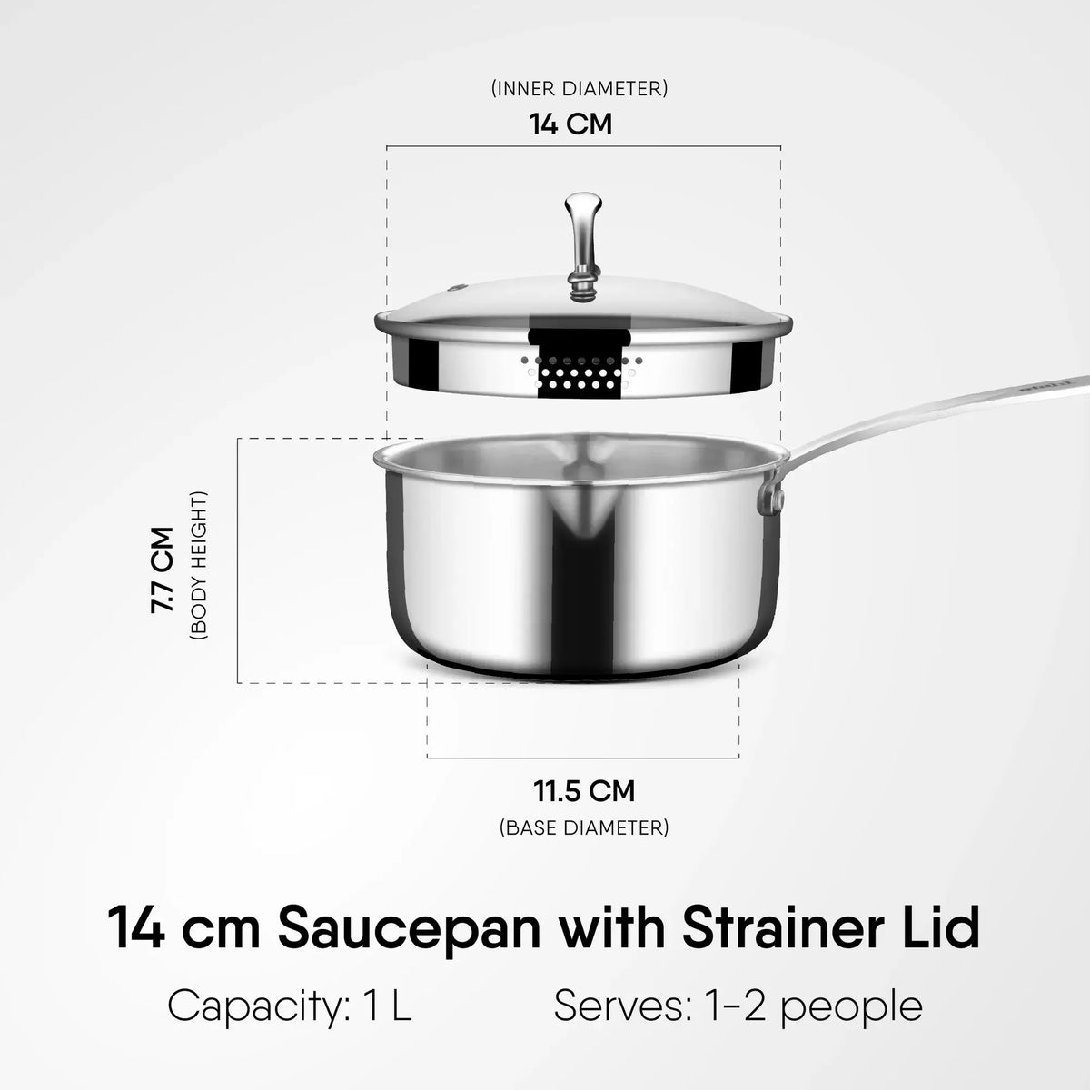 Stahl Artisan Triply Saucepan with Strainer Glass Lid, 14 cm, 1L capacity, serves 1-2 people, premium triply construction.