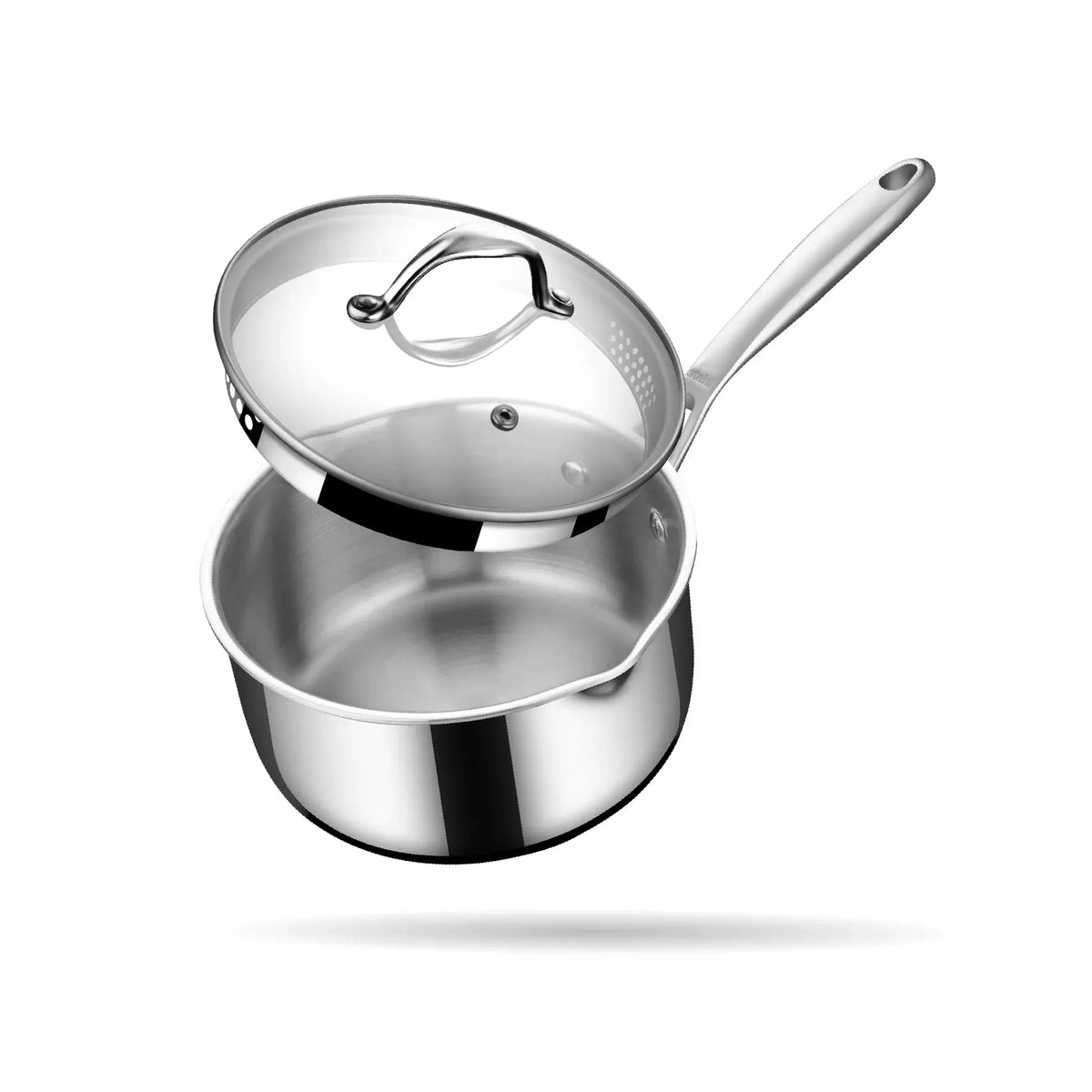 Stahl Artisan Triply Saucepan with Strainer Glass Lid showcasing premium triply construction and dual-size strainers.