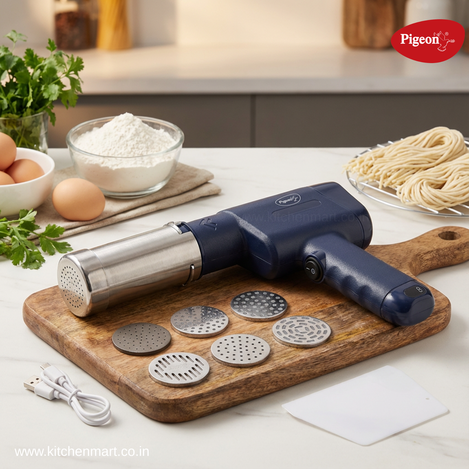 Pigeon cordless rechargeable noodle maker with 6 interchangeable moulds and measuring cup