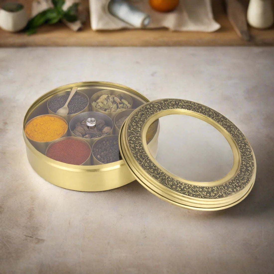 Pipal Rasoi Brass Masala Dabba with See-Through Lid | Premium Spice Box for Kitchen