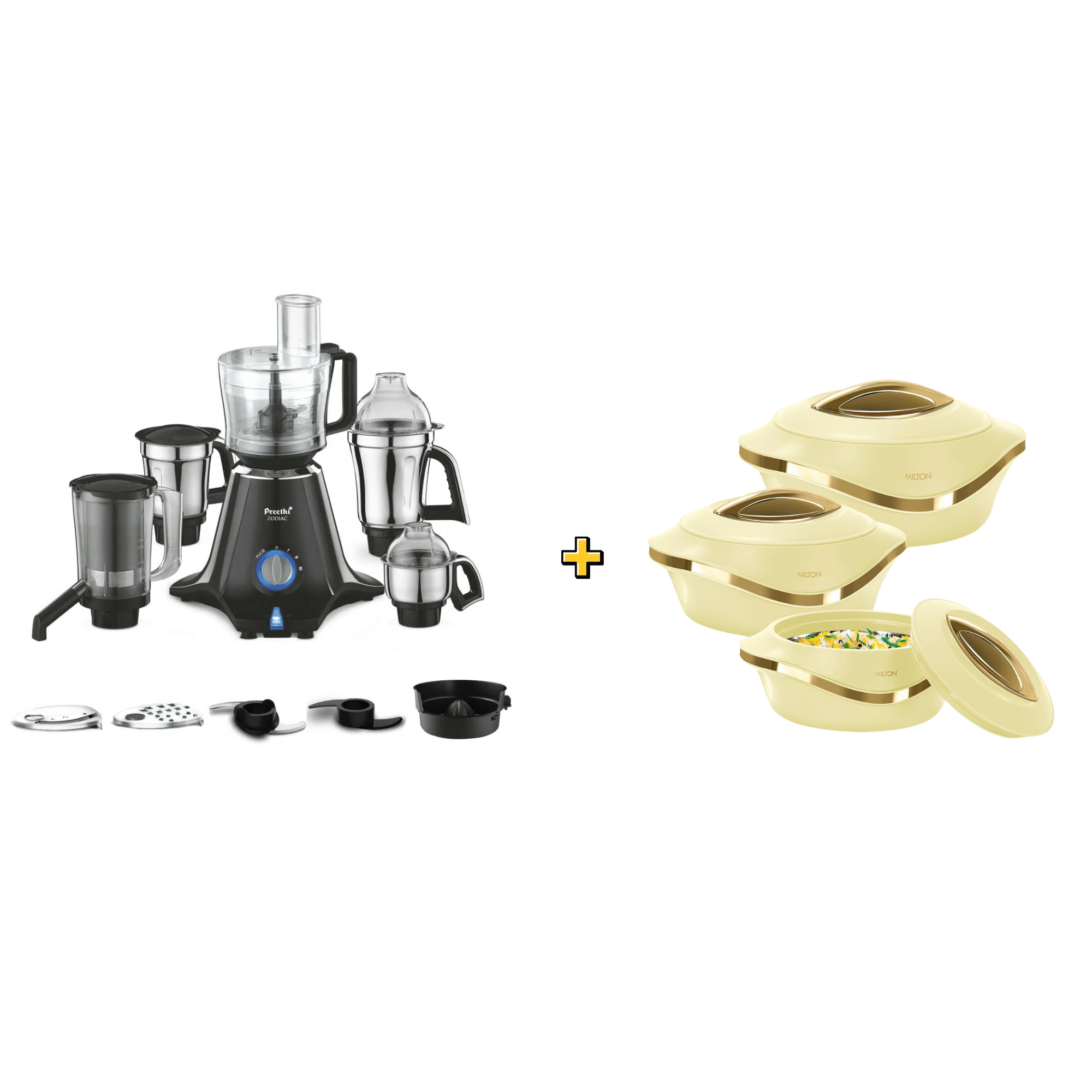 Preethi Zodiac MG 218 750-Watt Mixer Grinder with 5 Jars with MILTON Pearl Jr. Casserole Set of 3 (455 ml, 860 ml, 1270 ml)