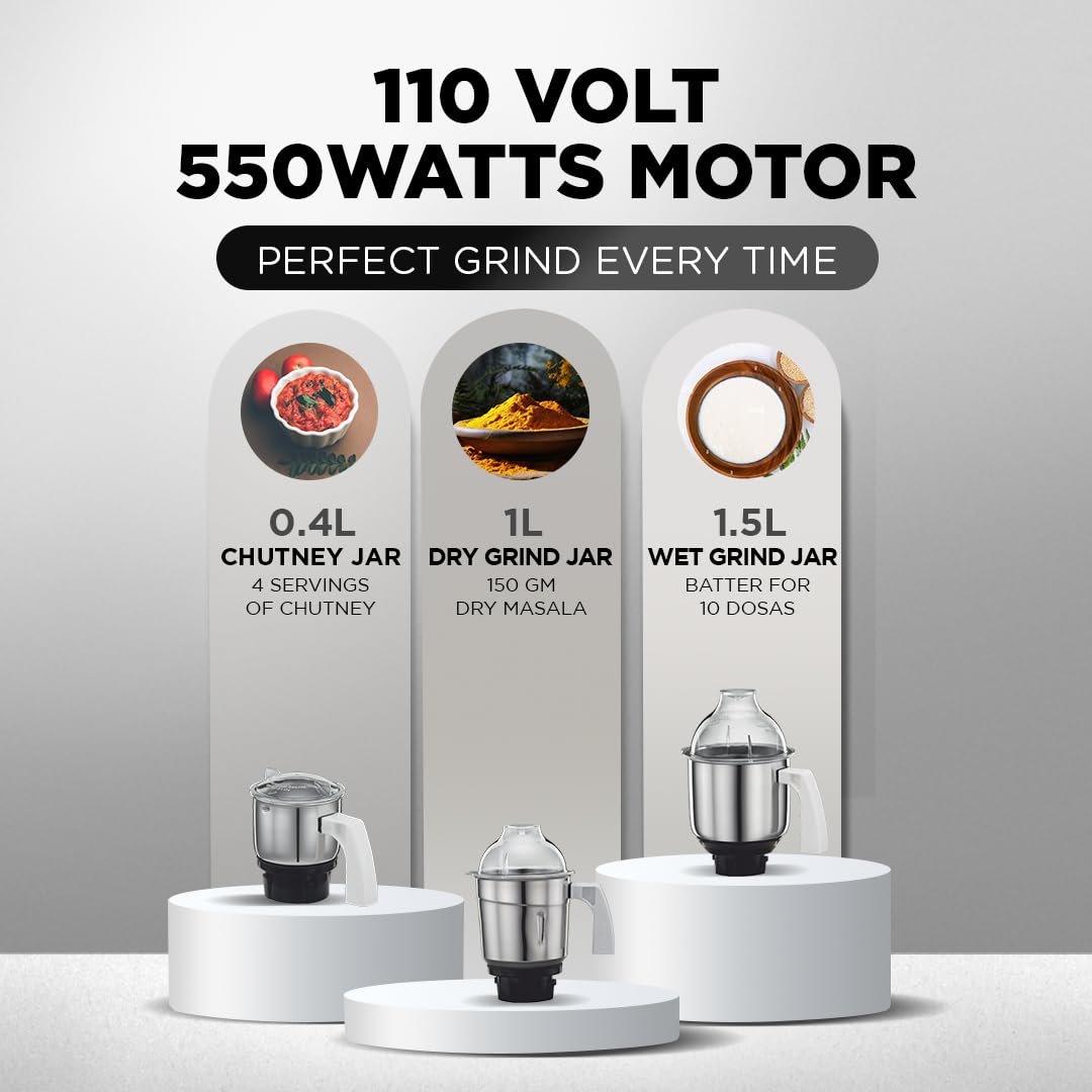 Preethi Eco Plus 550-Watt Mixer Grinder (110volts for use in USA & Canada)