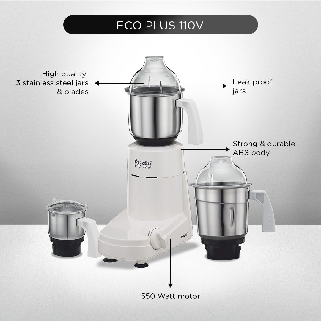 Preethi Eco Plus 550-Watt Mixer Grinder (110volts for use in USA & Canada)