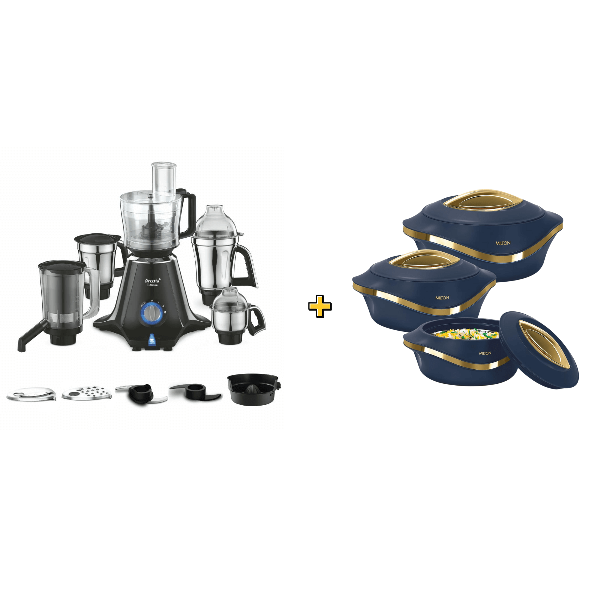 Preethi Zodiac MG 218 750-Watt Mixer Grinder with 5 Jars with MILTON Pearl Jr. Casserole Set of 3 (455 ml, 860 ml, 1270 ml)