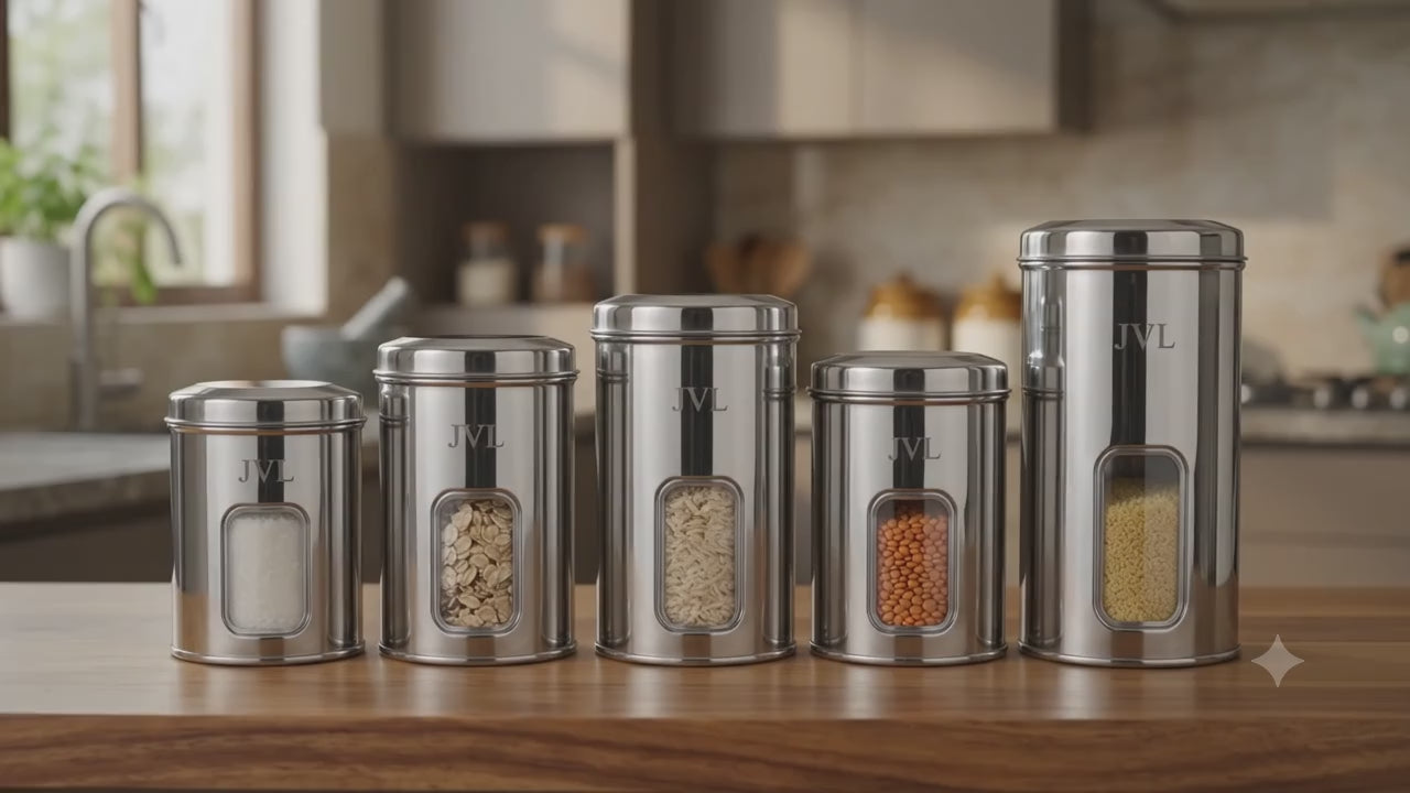 JVL Trendy Window Canister – Stainless Steel Airtight Storage Jar