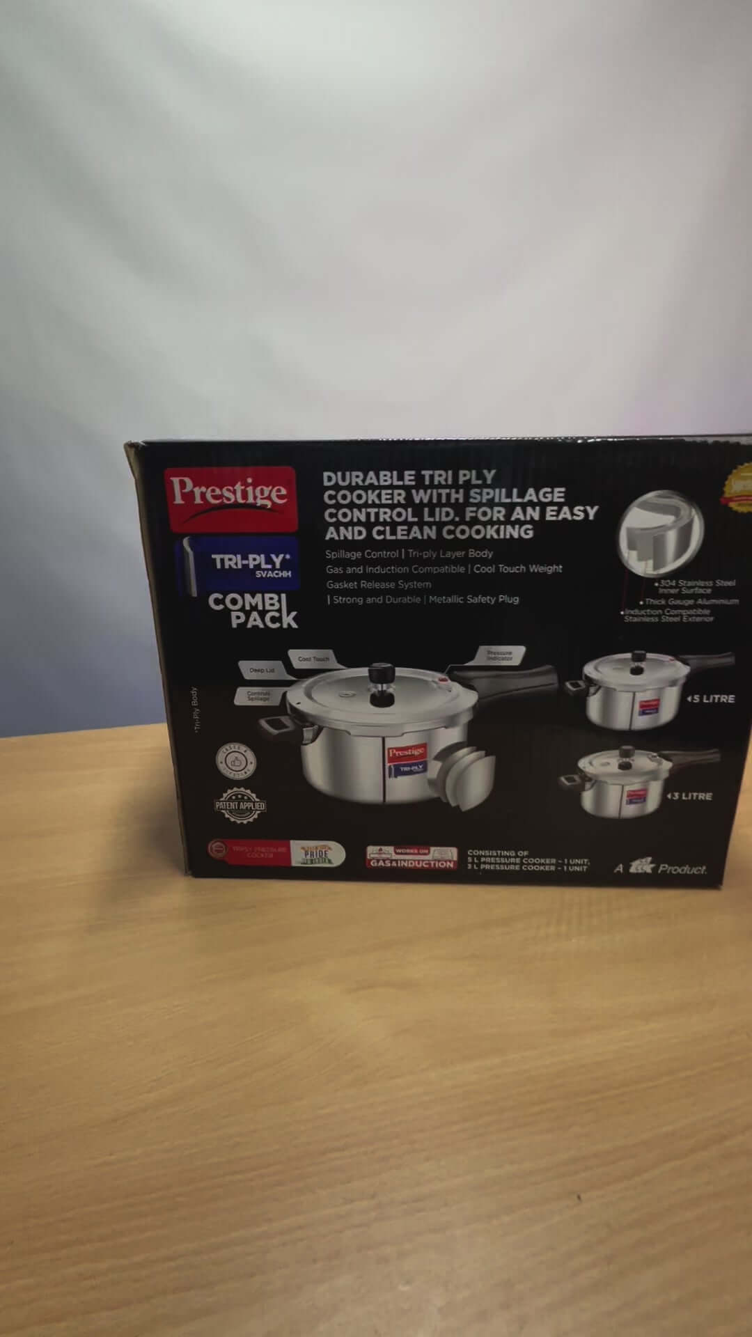 Prestige Tri-Ply Svachh Outer Lid Pressure Cooker Combi Pack (5L + 3L) - Durable & Spill-Proof