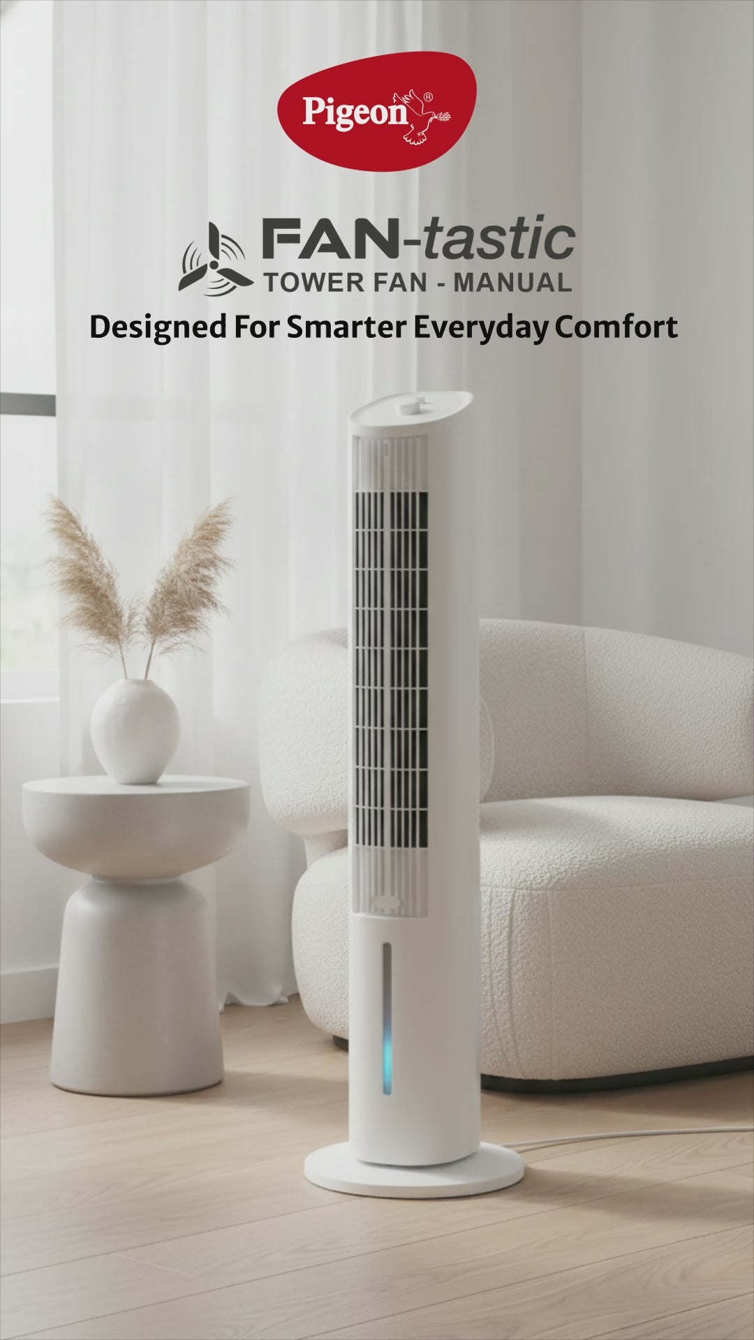 Pigeon Fantastic manual tower fan white with rear water tank mild cooling effect video