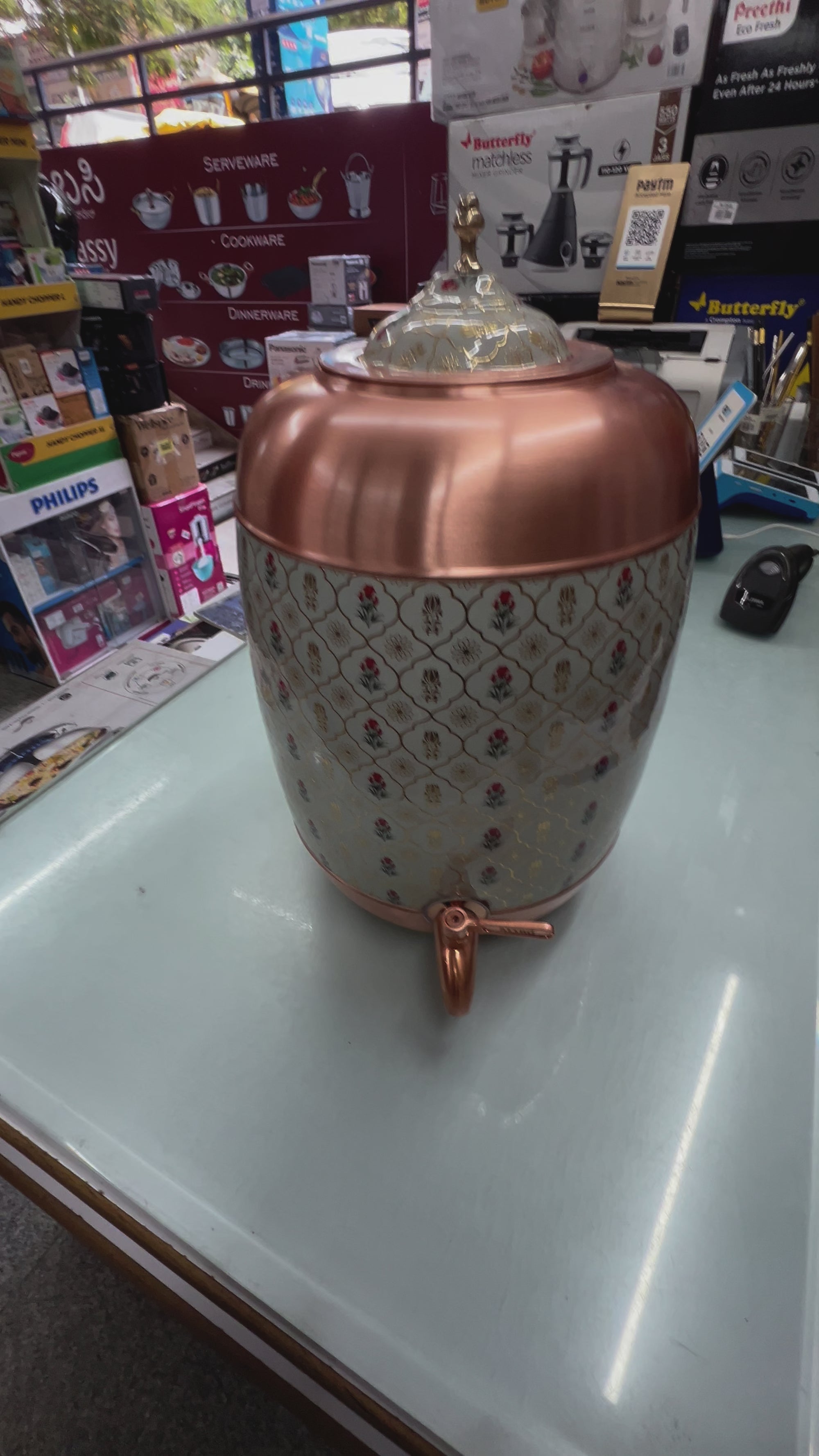 ATtro Kubera 11L Copper Water Dispenser with Hand-Painted Floral Design - Sea Green Flower Gold