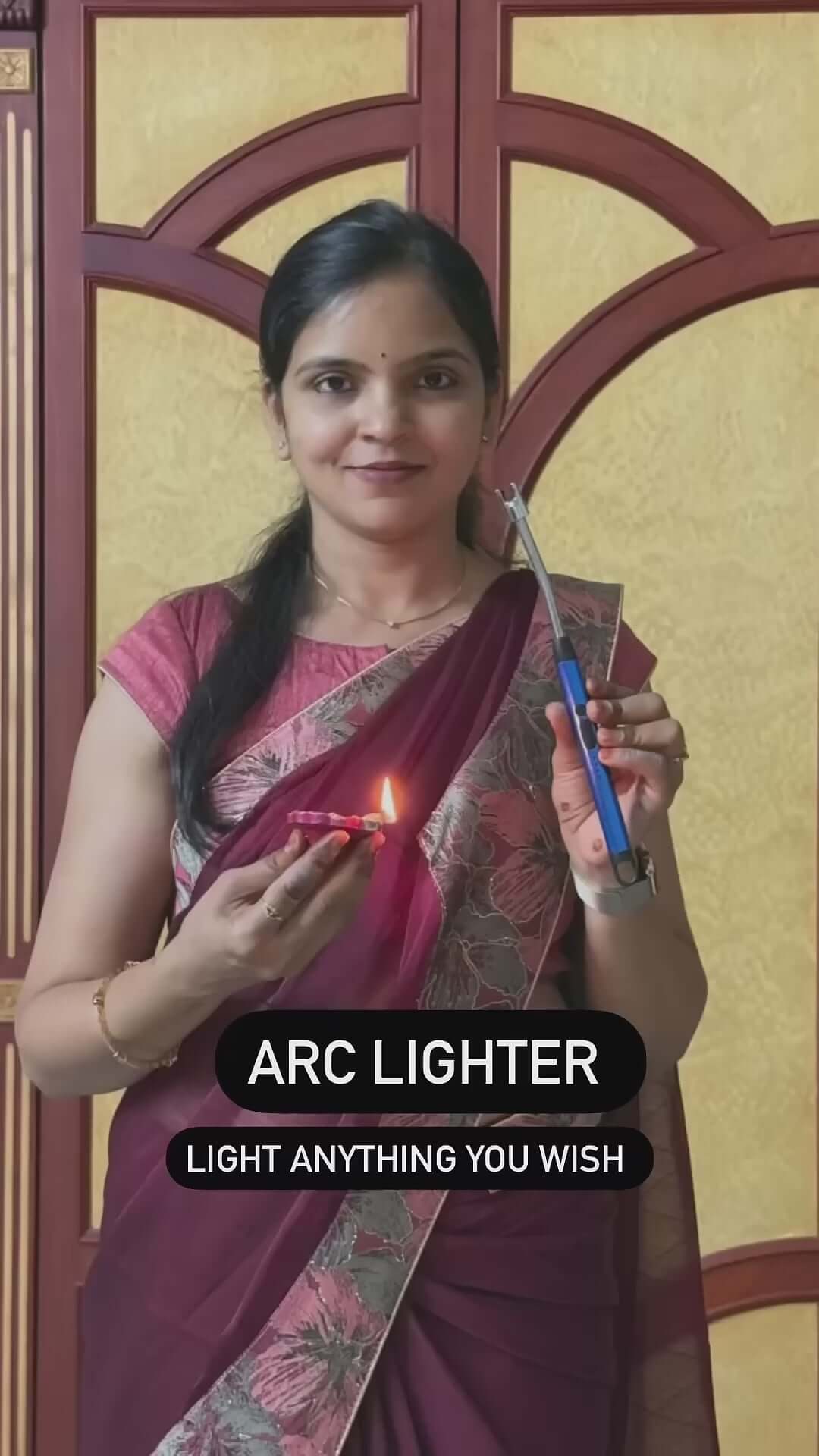 Woman demonstrating an electric arc lighter while holding a candle, showcasing flameless ignition and safety features.