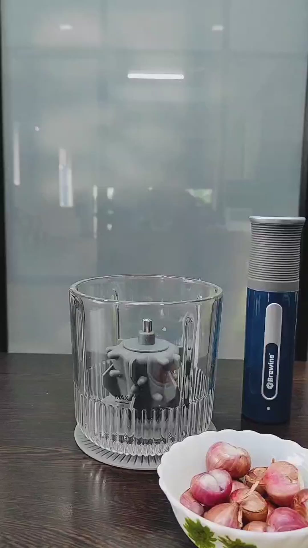 Brewine USB Rechargeable Cordless Vegetable Chopper 400ml Glass Bowl | Mini Food Processor with Garlic Peeler | 3 Bowls Included