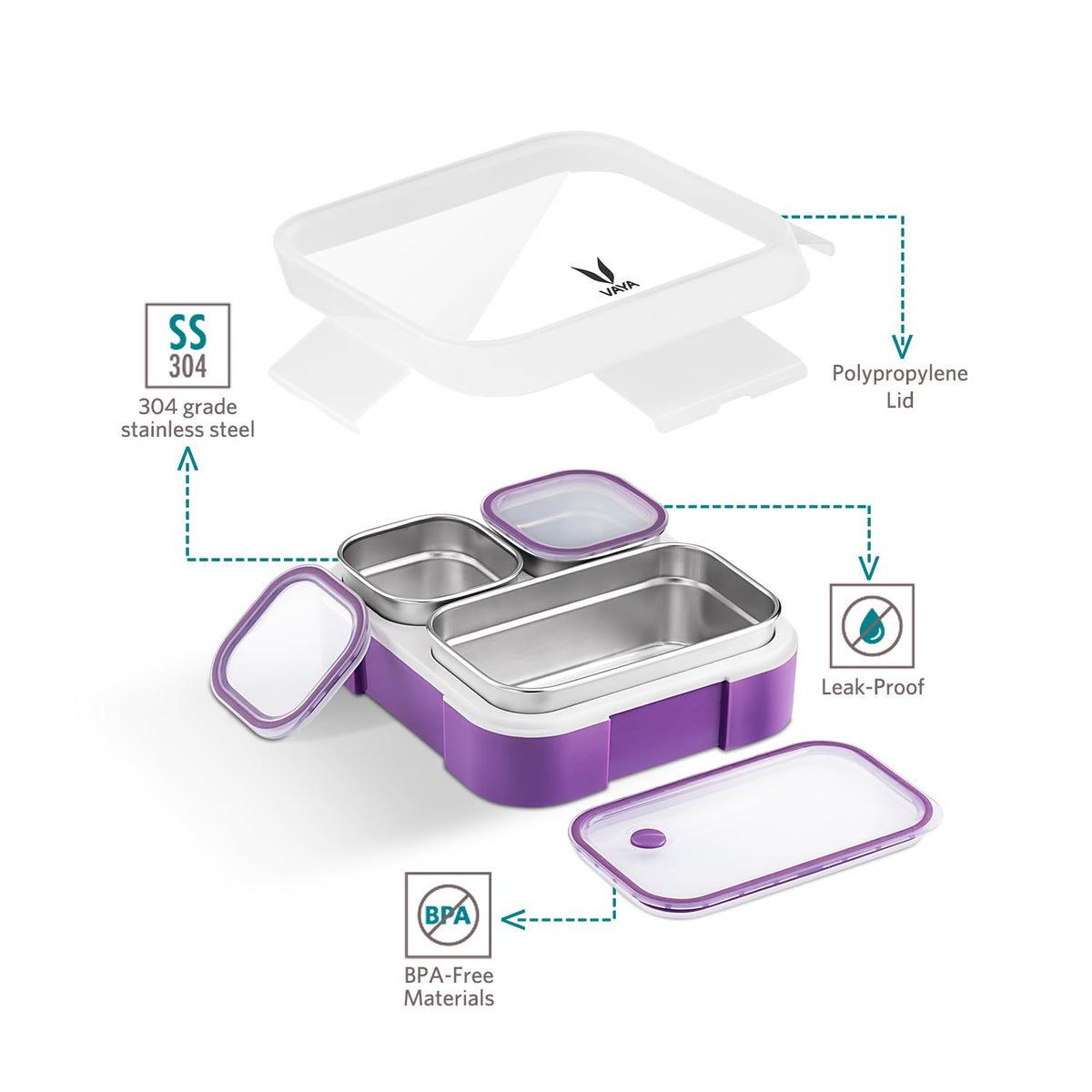 VAYA TYDBYT Stainless Steel Bento Lunch Box with 3 Leakproof Compartments – Perfect for Kids, Office & School