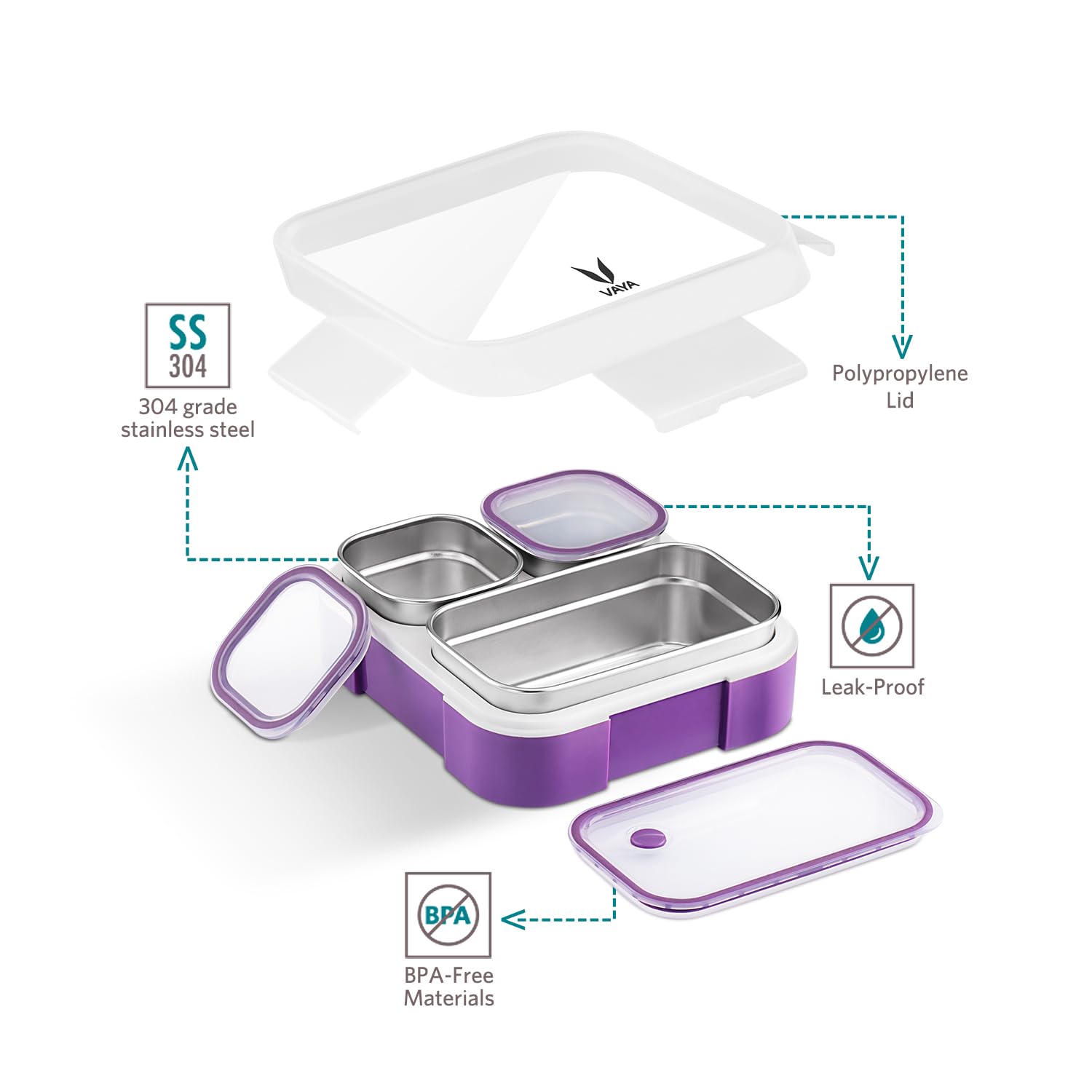 VAYA TYDBYT Stainless Steel Bento Lunch Box with 3 Leakproof Compartments – Perfect for Kids, Office & School