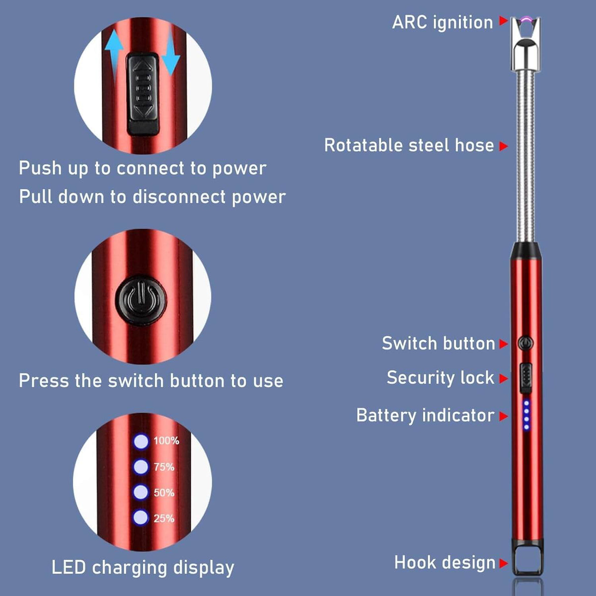 Infographic showing features of the Arc Lighter: ignition, battery indicator, charging display, and flexible design.