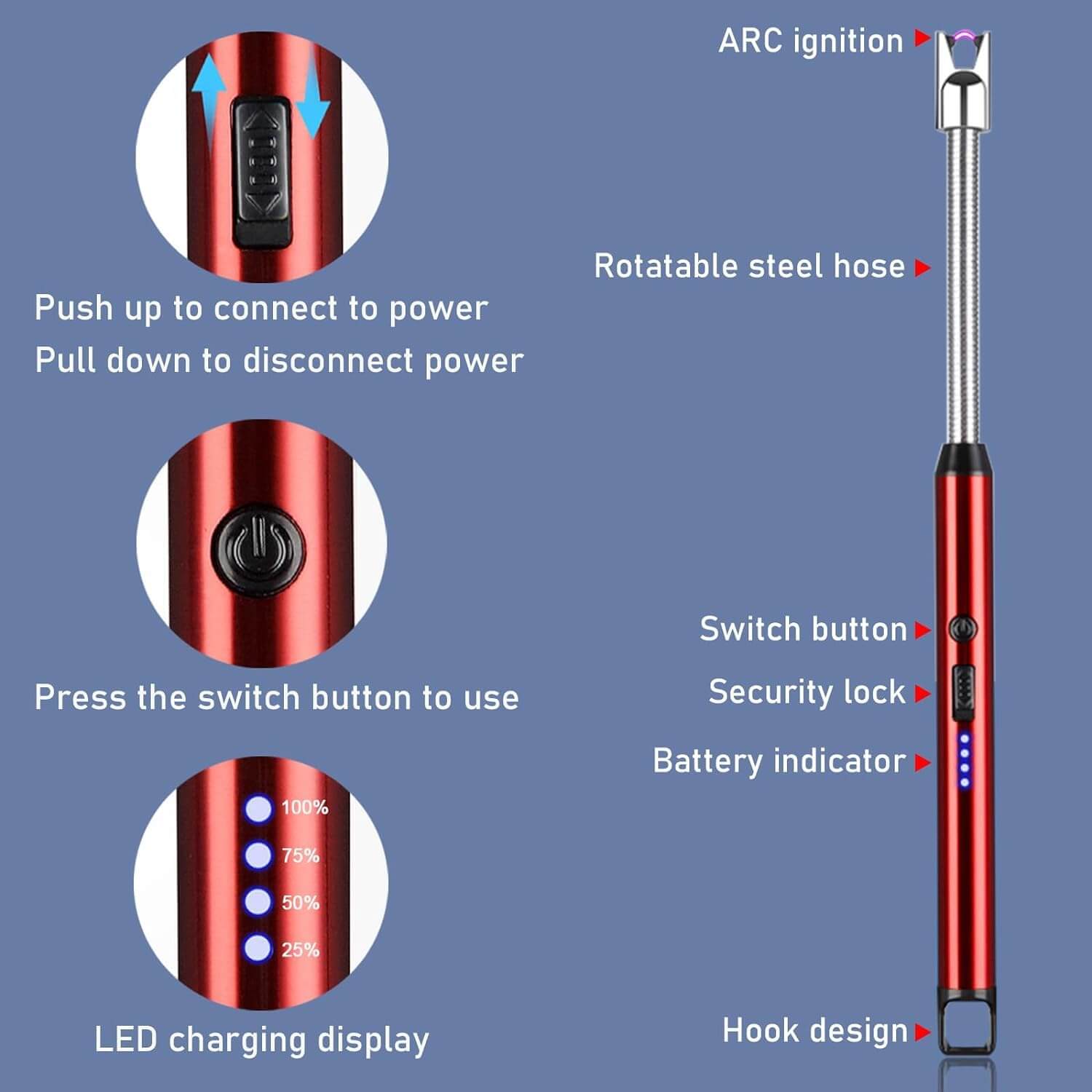 Infographic showing features of the Arc Lighter: ignition, battery indicator, charging display, and flexible design.