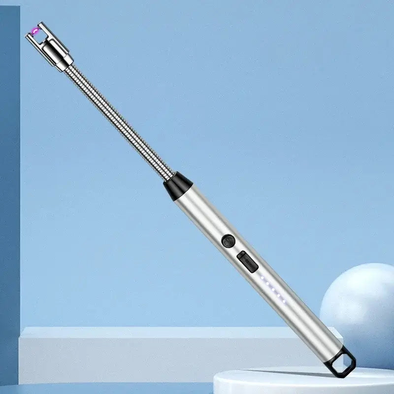 Arc lighter with flexible stainless steel neck, USB rechargeable, windproof design for safe ignition.