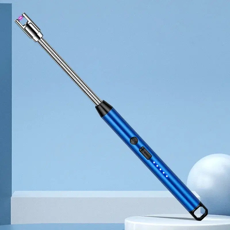 Blue electric rechargeable arc lighter with a flexible neck, designed for windproof and flameless ignition.