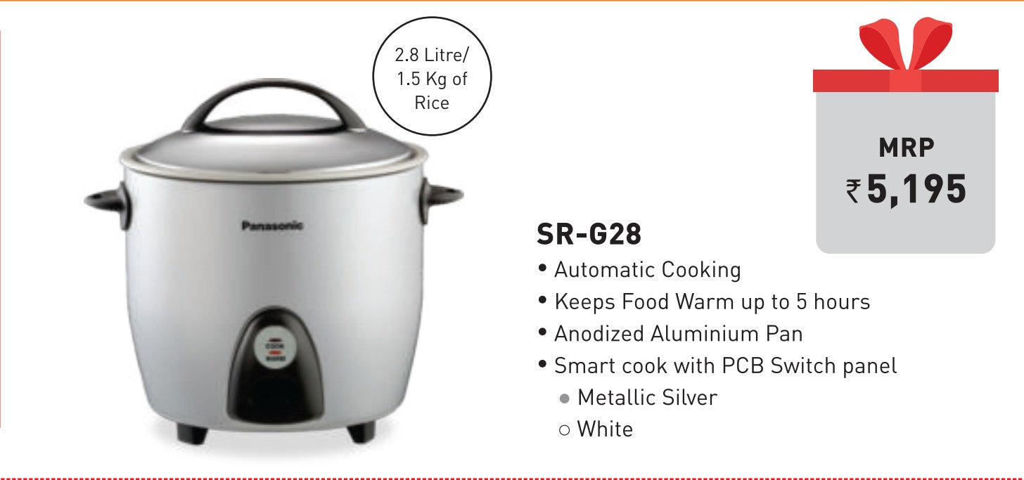 Panasonic SR-G28 2.8 litre automatic electric rice cooker in metallic silver finish with stainless steel lid