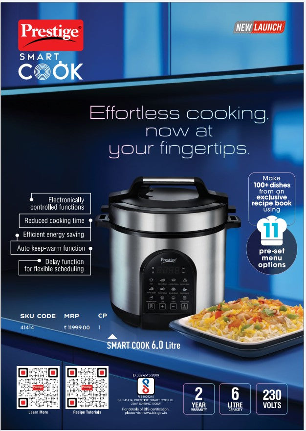 Prestige Smart Cook 6 liter electric cooker with stainless steel bowl and digital display