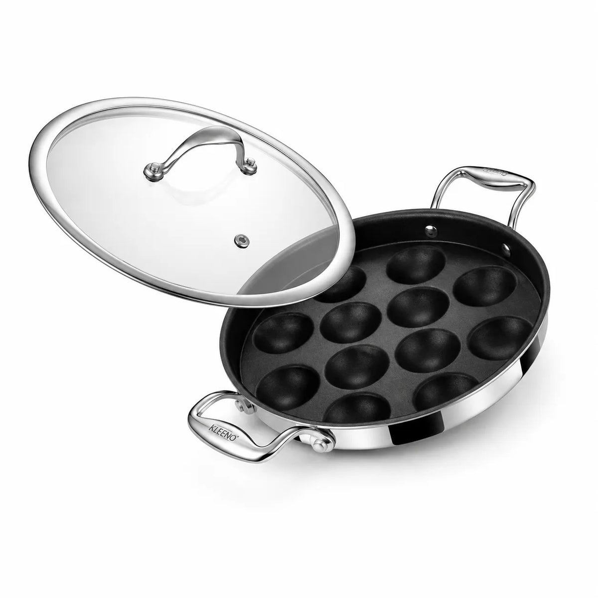 Stahl Artisan Schild Paniyaram Pan 26 cm 12 pit triply PEEK non-stick appe pan with glass lid