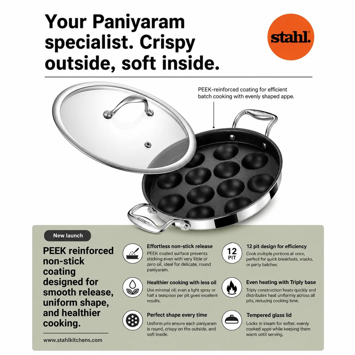Stahl Artisan Schild Paniyaram Pan features - 12 pits, PEEK non-stick, triply base, tempered glass lid