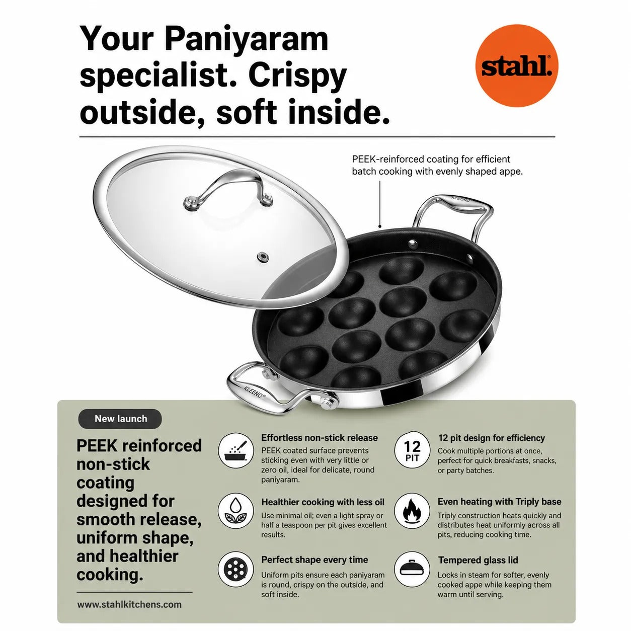 Stahl Artisan Schild Paniyaram Pan features - 12 pits, PEEK non-stick, triply base, tempered glass lid