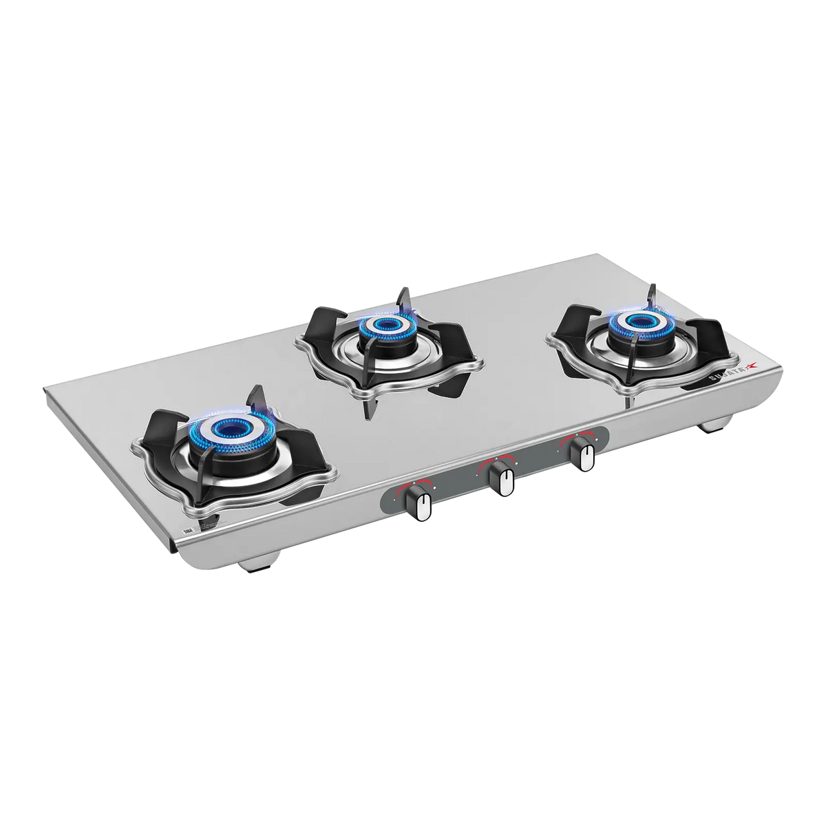 Sujata Sterno 3 burner gas stove 2 mm glossy stainless steel body side angle