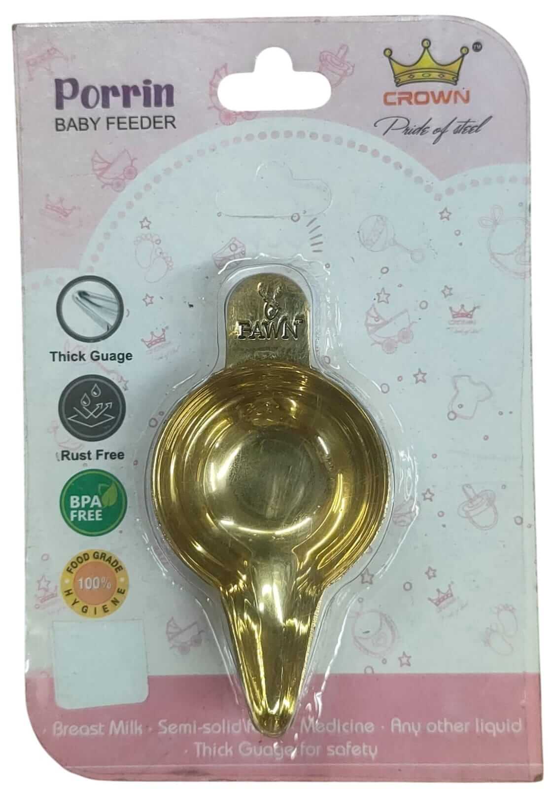 Fawn Brass Porringer Baby Feeder, thick gauge, food grade, BPA-free, rust-free design for safe feeding.