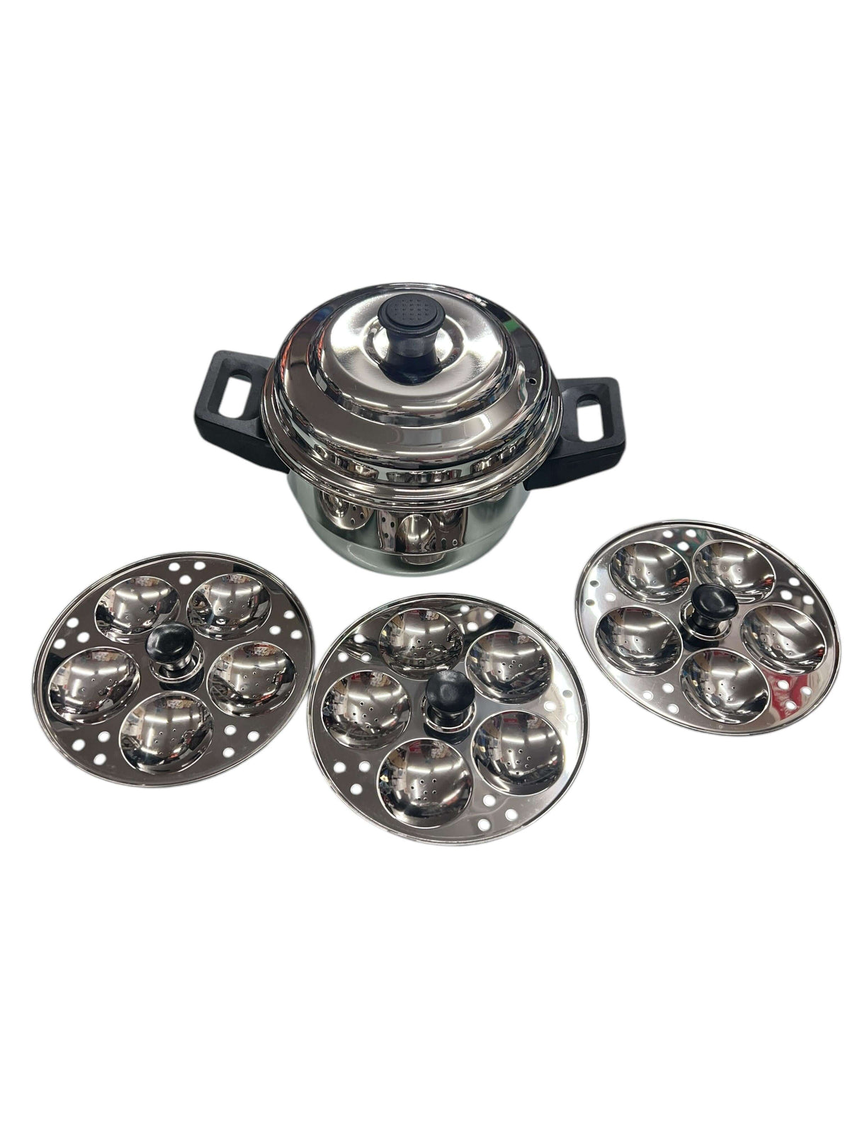 LLM Stainless Steel Mini Idli Steamer Pot with three idli trays for cooking South Indian delicacies.