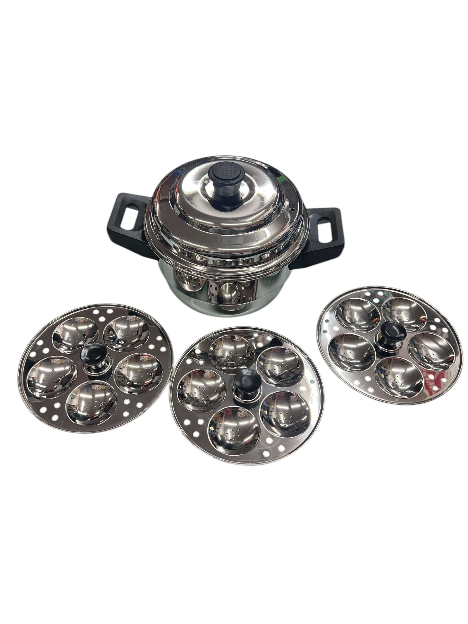 LLM Stainless Steel Mini Idli Steamer Pot with three idli trays for cooking South Indian delicacies.