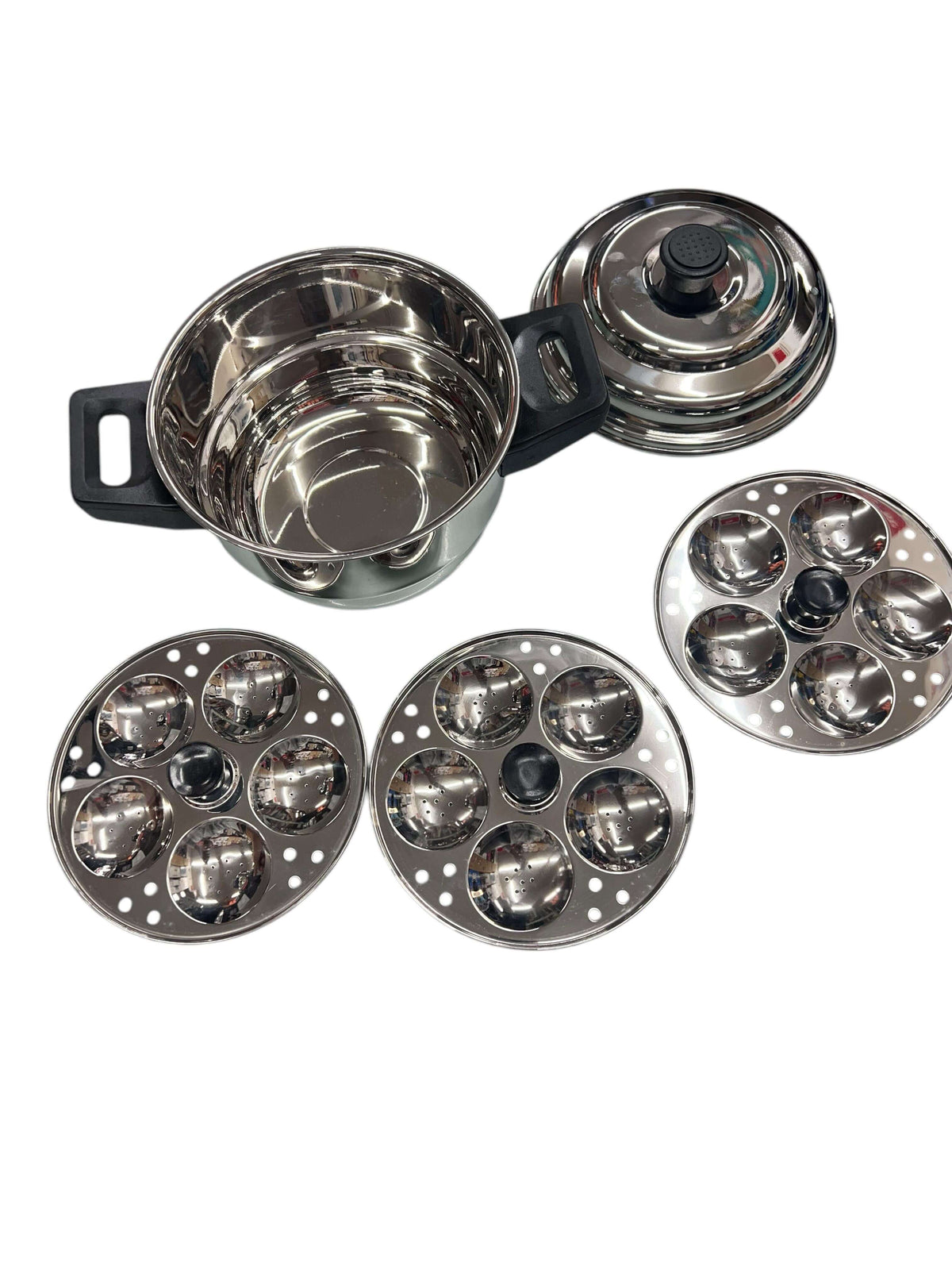 LLM Stainless Steel Sambar Mini Idli steamer pot with two idli plates and lid, ideal for making sambar and mini idlis.