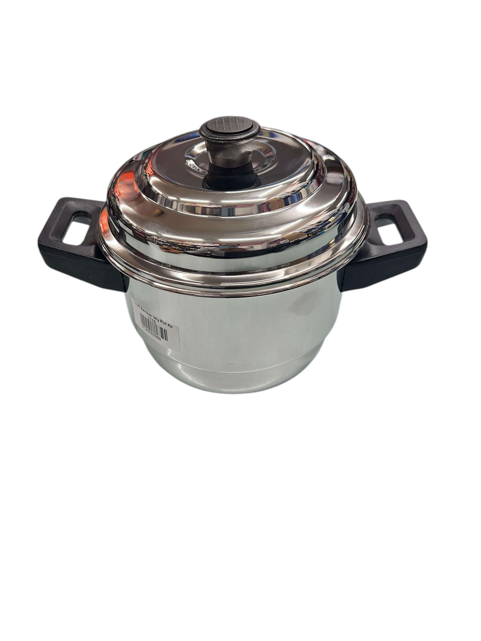 LLM Stainless Steel Sambar Mini Idli Steamer Pot with lid and black handles for even cooking.