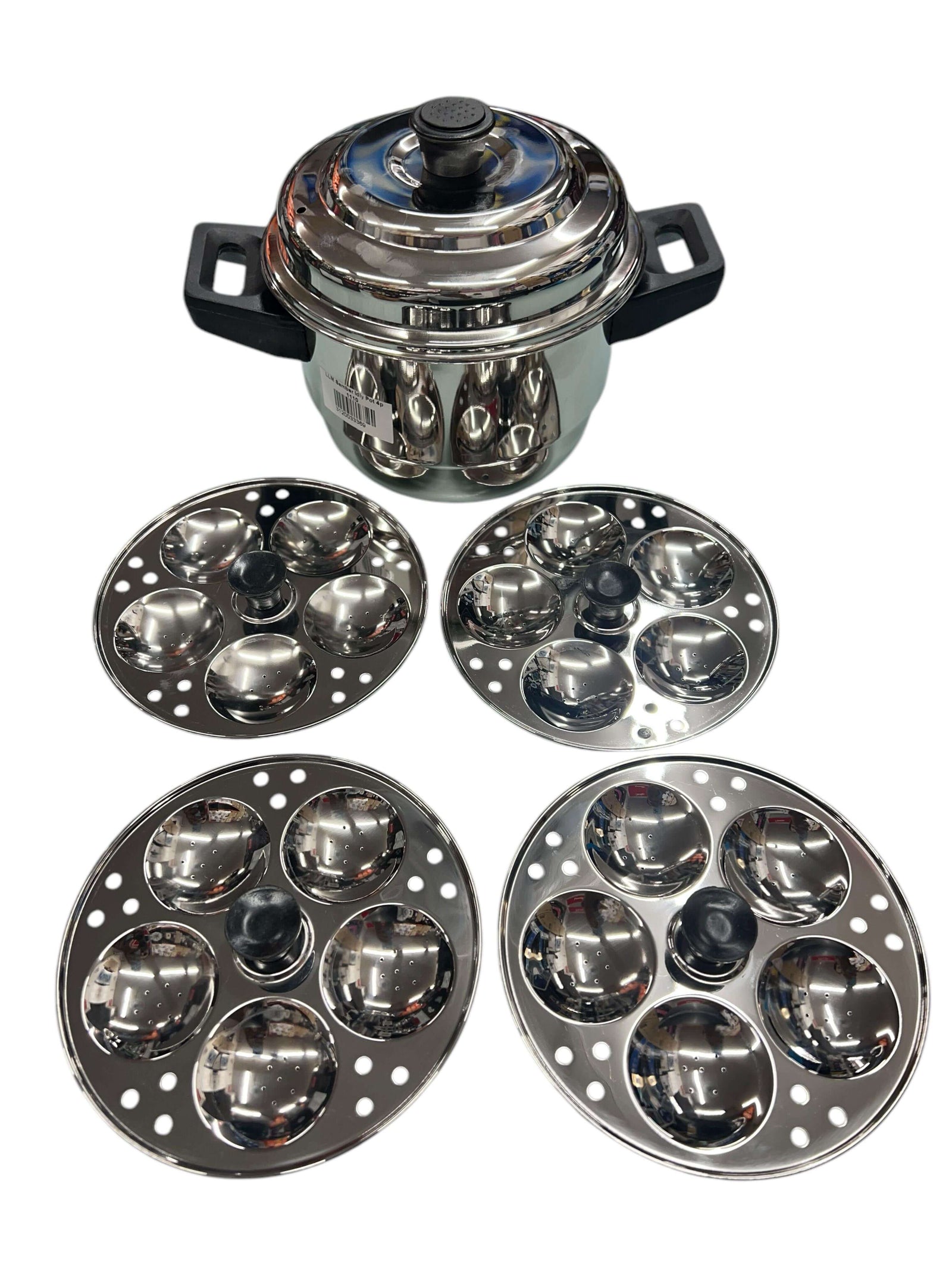 LLM stainless steel mini idli steamer pot with four perforated plates for cooking sambar and mini idlis.