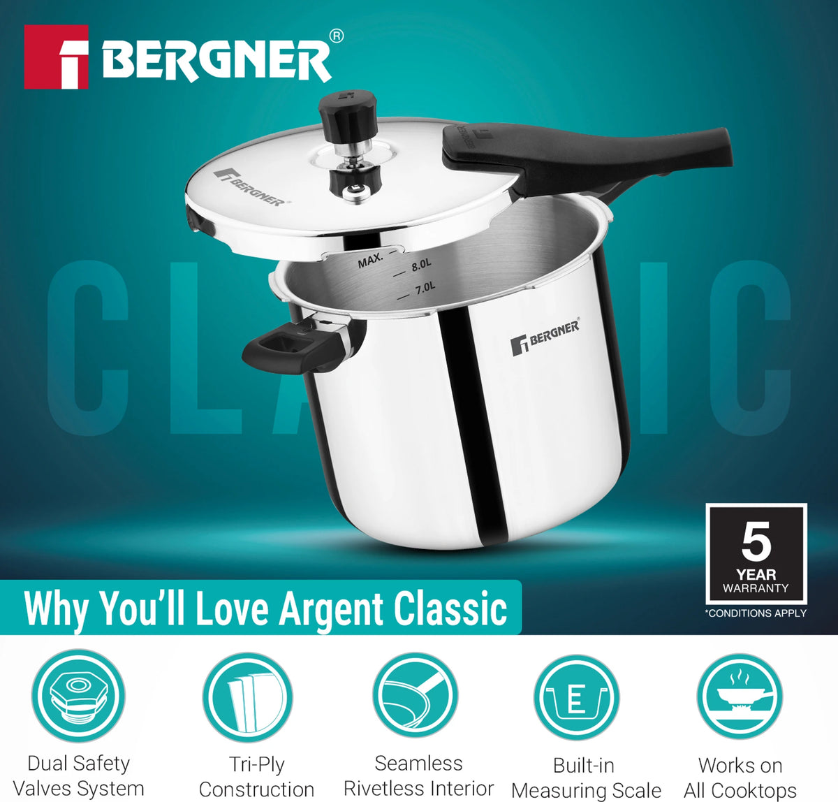 Bergner Argent Classic Triply Stainless Steel Pressure Cooker - Premium Quality