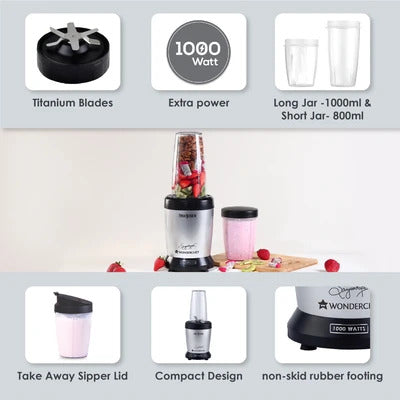 Wonderchef Nutri-Blend Thunder, 1000 W, SS Blades, 2 Unbreakable Jars