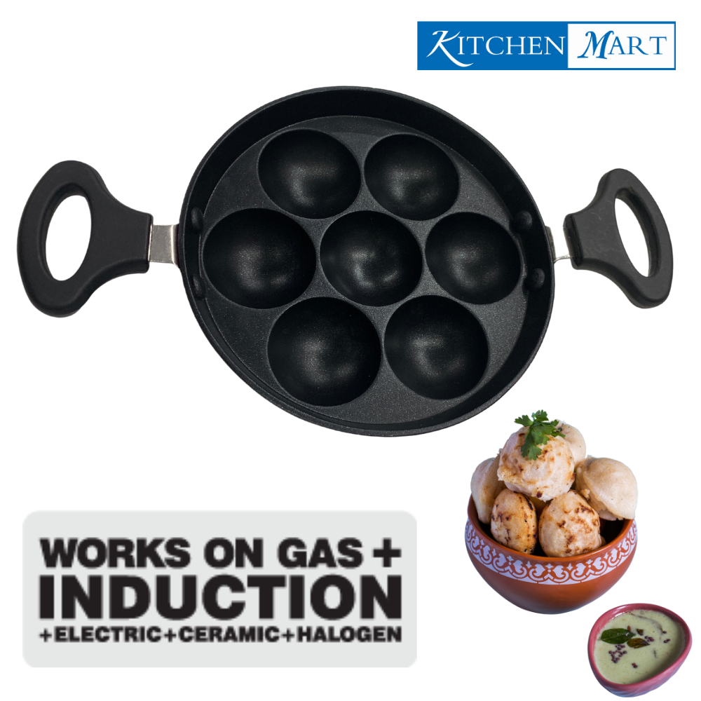 Kitchen Mart Non Stick Induction Base Paniyaram Pan 18 cms with 7 Holes (With Handles &amp; steel lid)