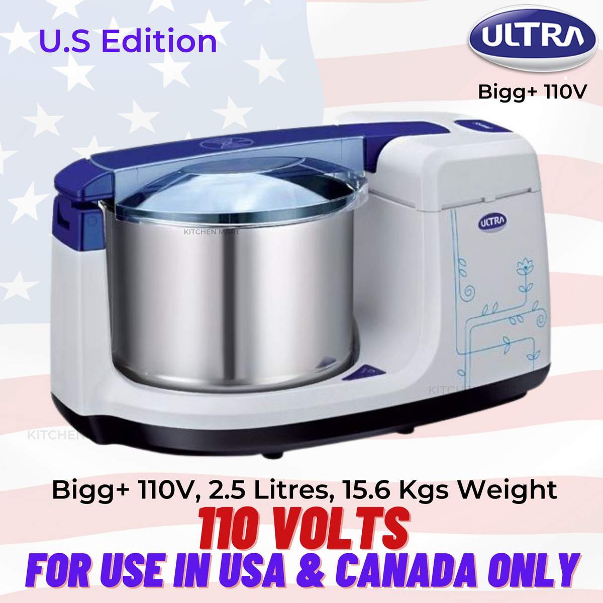 Elgi Ultra Bigg+ Table Top Wet Grinder 2.5 Litres, 110volts for use in USA &amp; Canada