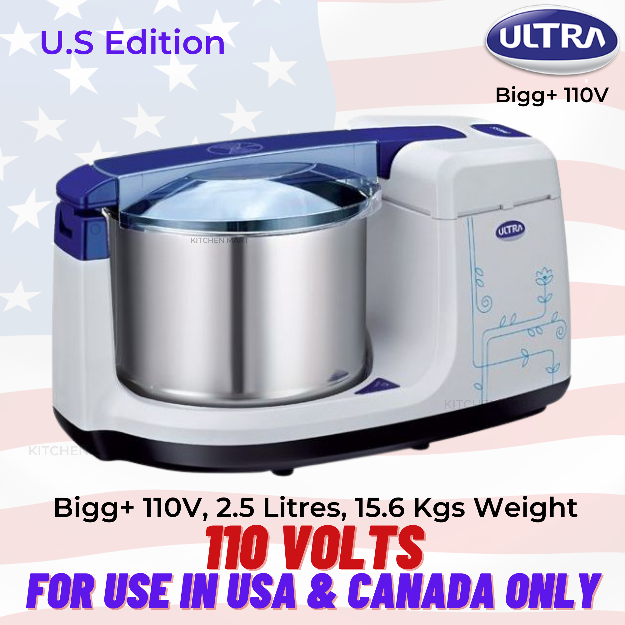 Elgi Ultra Bigg+ Table Top Wet Grinder 2.5 Litres, 110volts for use in USA & Canada