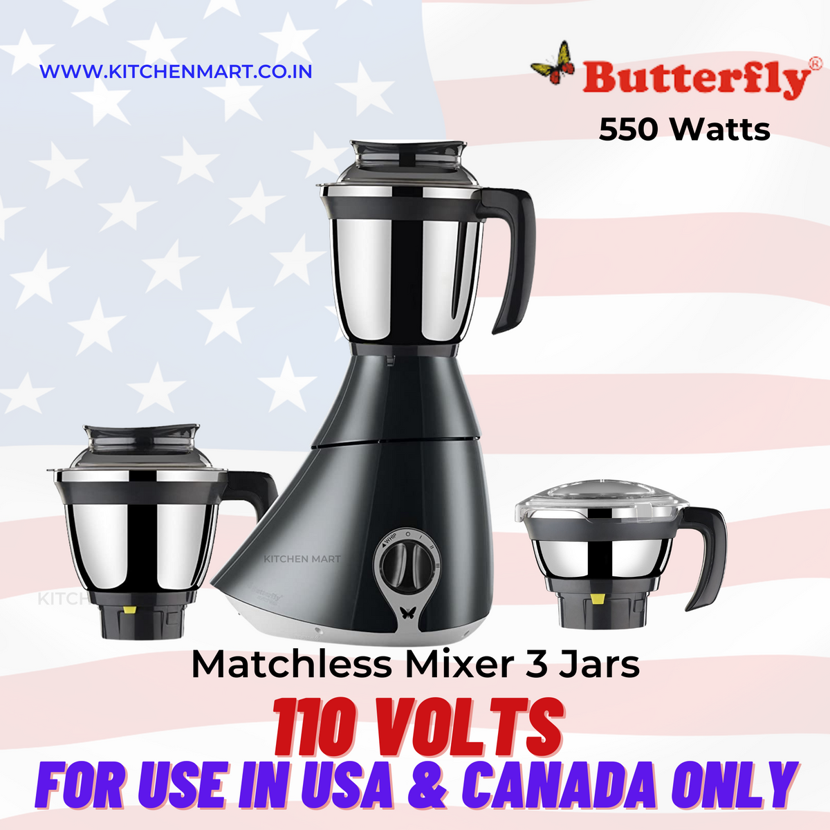 Butterfly Matchless Mixer Grinder 550 watts, 110 votls for use in USA &amp; Canada only
