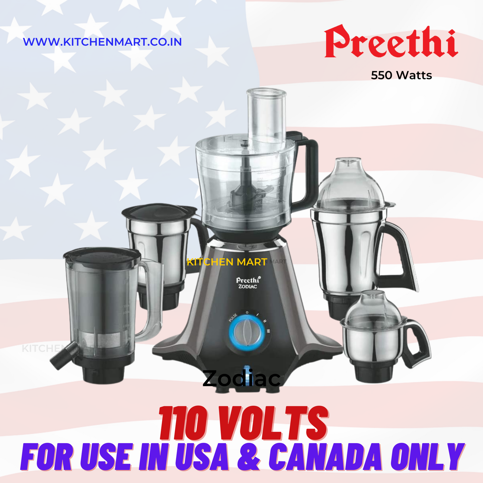 Preethi Zodiac 550-Watt Mixer Grinder with 5 Jars (110 Volts for use in USA & Canada only)