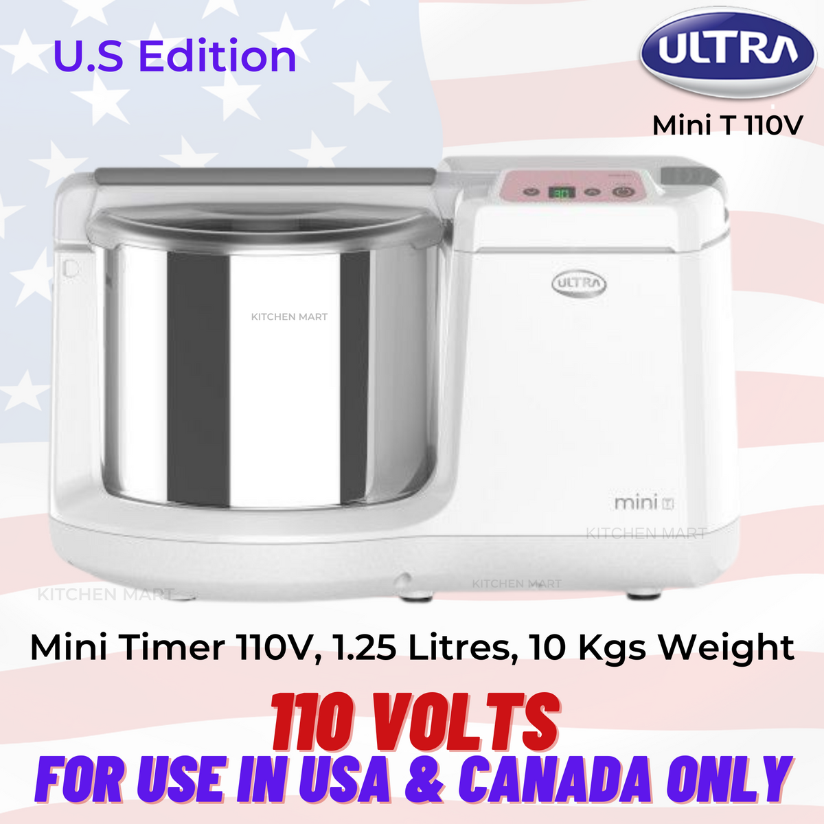 Elgi Ultra Wet Grinder Mini T with timer, 1.25 Litres, 110 Volts for use in USA &amp; Canada only