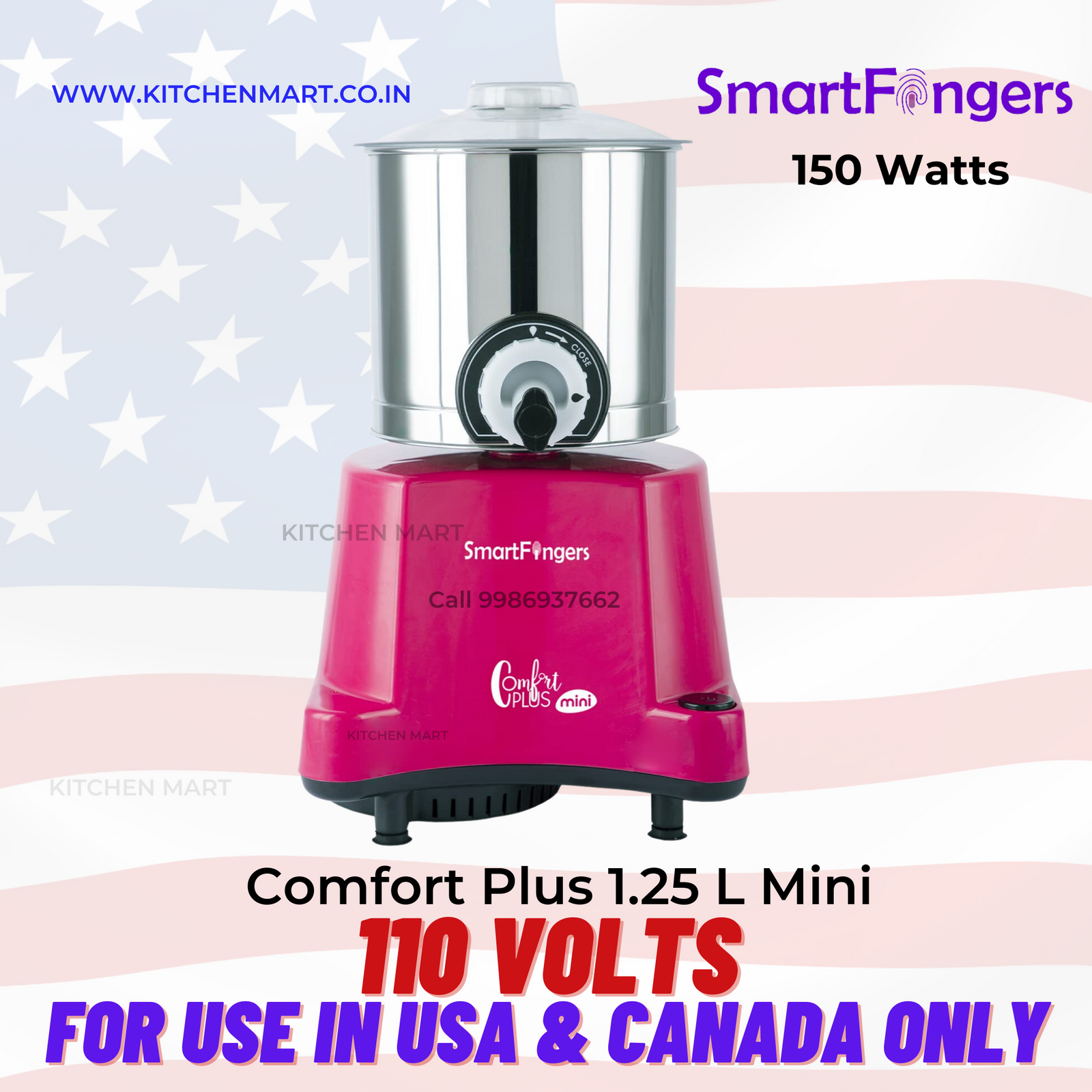SmartFingers Comfort Plus Mini Table Top Wet Grinder, 1.25 Liter, 110 volts for use in usa and Canada only